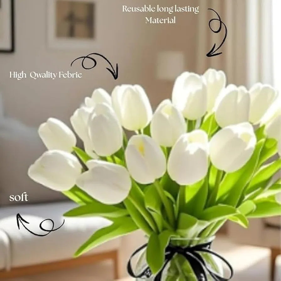 VERVENIX 5 Pcs Artificial Tulip Lily Flowers for Vase | White Fabric Faux Tulips for Home Décor, Living Room, Bedroom, Party & Wedding Decoration